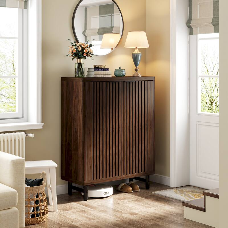 Wooden Shoe Cabinet with Shutter Doors, Adjustable Shelves Large Hidden Storage Organizer Rack for Entryway Hallway