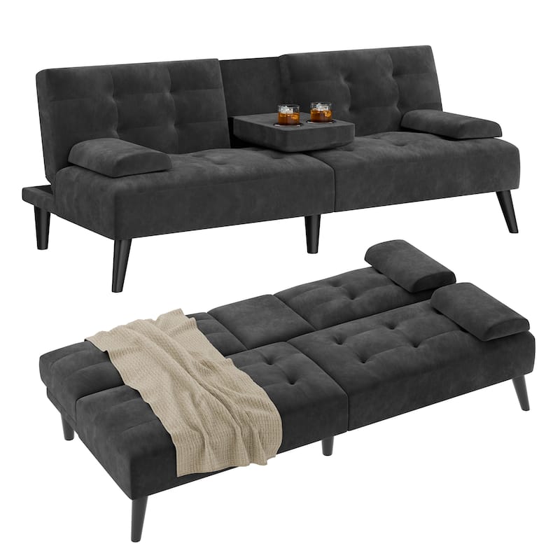3-in-1 Convertible Sofa Bed with Folding Cup Holders & Adjustable Backrest – Modern Futon with Removable Armrests