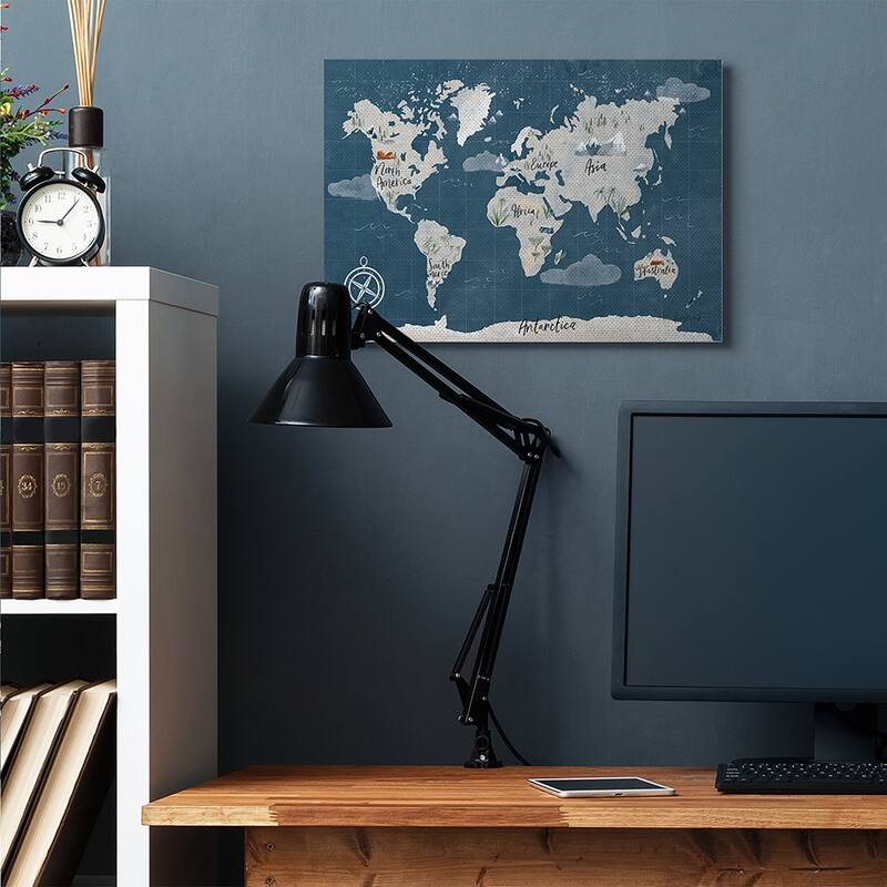 Stupell Vintage Blue World Map Nautical Cloud Details Canvas Wall Art Design By Becky Thorns