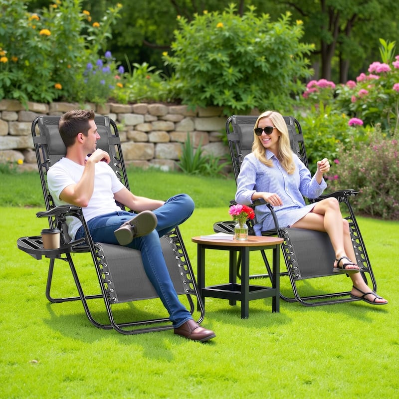 Set of 2 Zero Gravity Recliner Lounge Chairs with Cup Holders, Folding Patio Camping Beach Chairs for Outdoor Relaxation
