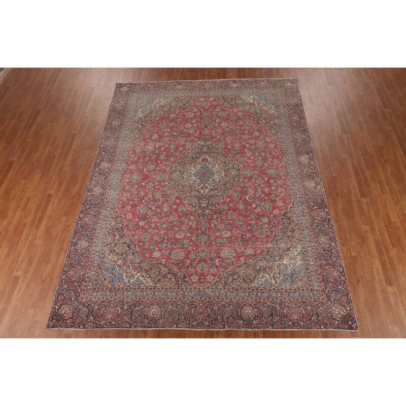 Traditional Pink Kashan Persian Vintage Rug Hand-Knotted Wool Carpet - 9'0"x 11'9"