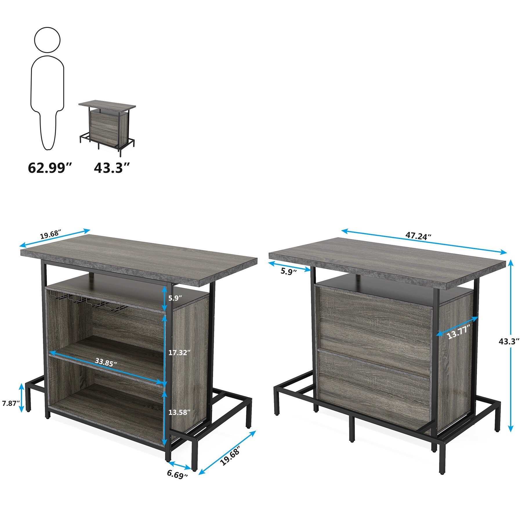 Buy L-Shaped Home Bar Unit, 3 Tier Liquor Bar Table With Storage Shelves And 6 Wine Glasses Holder Industrial Corner Wine Bar Cabinet Mini Bars For Home