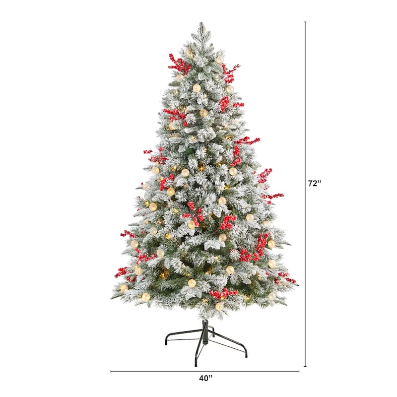 6Ft Pre-Lit Artificial Christmas Tree - Snow Tipped Norwegian Fir with 200 Lights & Berries - White - 72