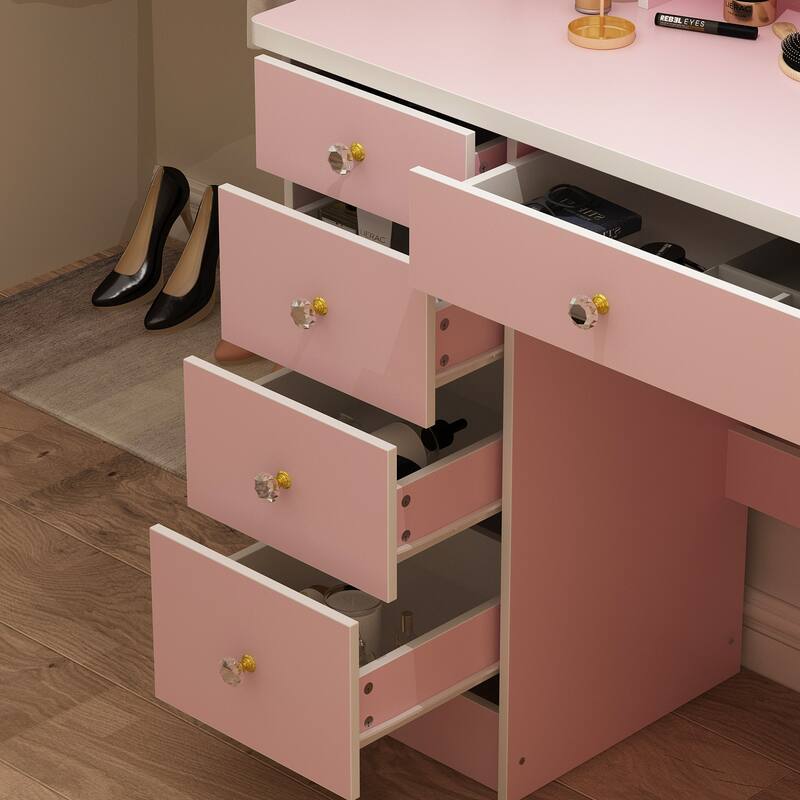Timechee 31.5" Wide Makeup Vanity Set with Stool, Mirror,3 Color Light - 31.5"W