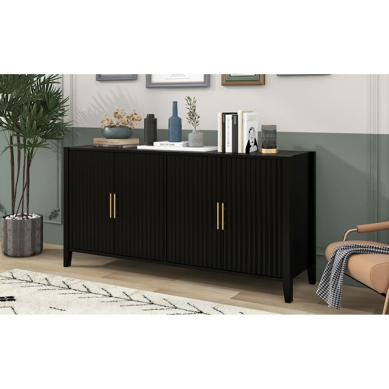 63.1"Modern 4-Vertical Wavy Slatted Doors Sideboard,Storage Cabinet With Elegant Design, Solid Wood Legs, Metal Handles