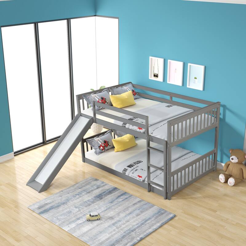 Grey Full Over Full Bunk Bed with Slide and Ladder, Solid Pine Wood Frame, No Box Spring Needed