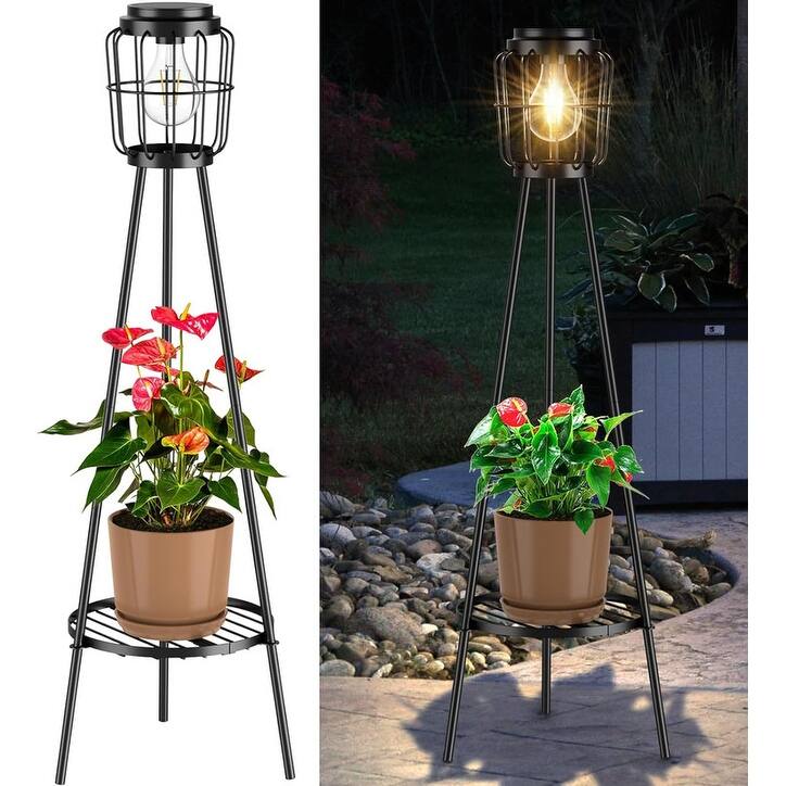 2 Pack Solar Lights with Plant Stand, Outdoor Floor Lamps - 36'' Edison Bulb - 2 Pack