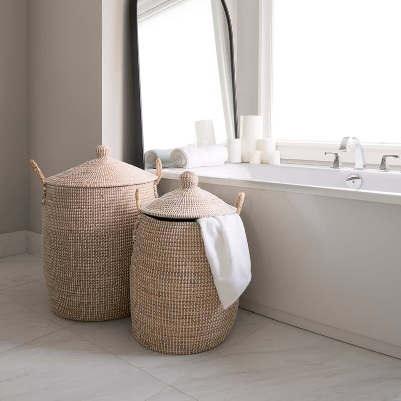 Kairi Light Brown Seagrass Floor Baskets With Lids And Handles (Set of 2) - 20.9L x 20.9W x 29.9H - 20.9L x 20.9W x 29.9H