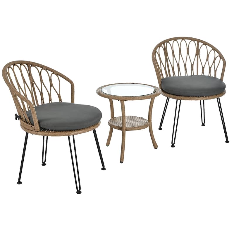 Outdoor Leisure Set, 2 Rattan Single Chairs with A Glass Round Table, Perfectly Suited for Patios, Balconies, and Courtyards