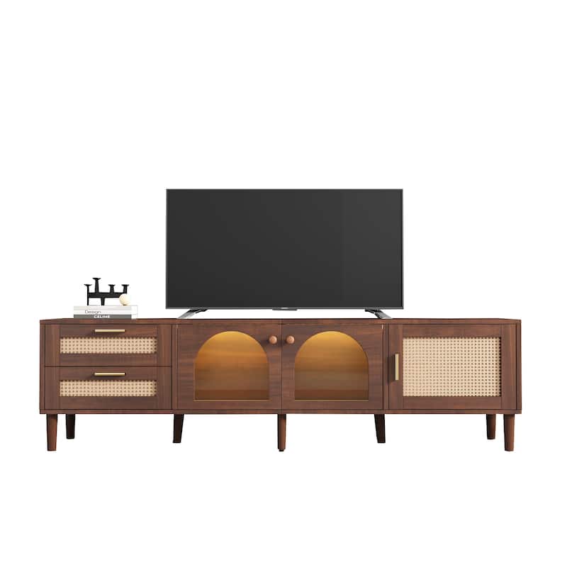 71" LED TV Stand, Entertainment Center w/ Storage, TV Console Table w/ Rattan Decor, Media Console for TVs Up to 80'',