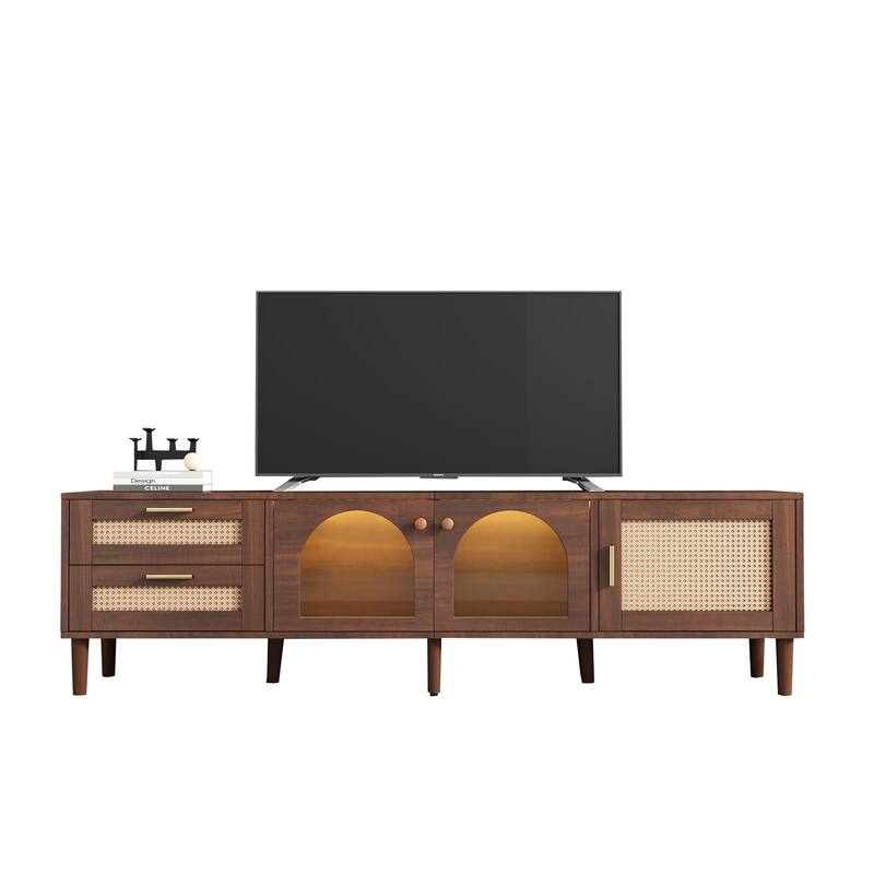 Modern Media Console with Rattan Design, LED Lights & Storage for TVs up to 80" - Living Room & Bedroom TV Stand