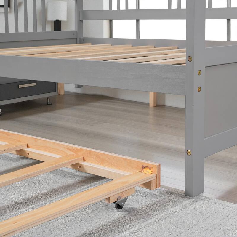 Twin/Full Size Wood Daybed with Twin Trundle, Sofa Bed Frame with Rails and Pull-Out Guest Bed