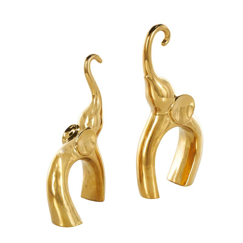 Silver or Gold Ceramic Abstract Arched Cutout Elephant Decorative Sculpture (Set of 2)