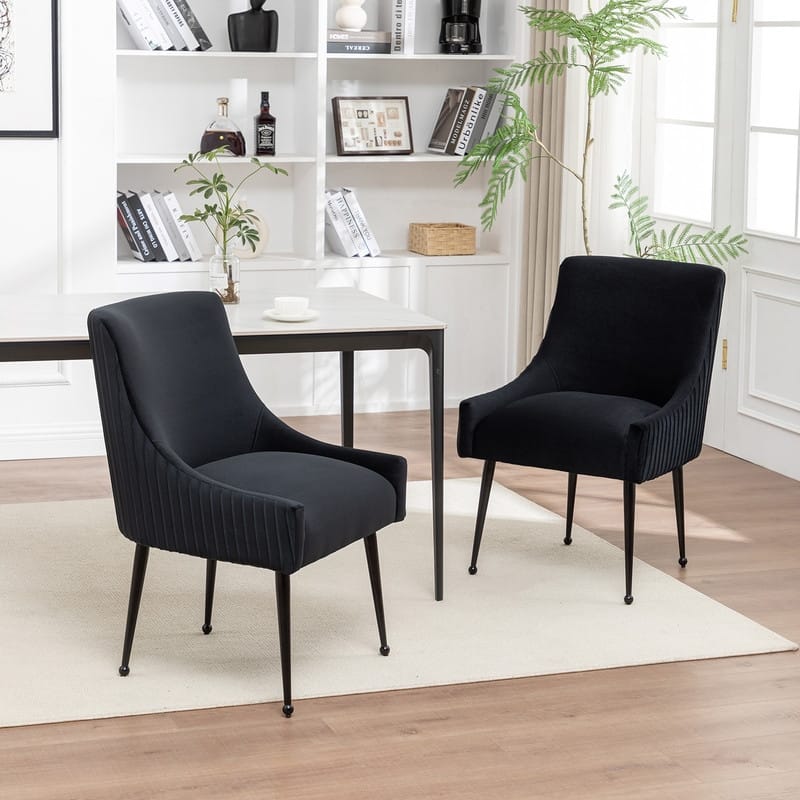 SEYNAR Modern Glam Velvet Black Metal Legs Dining Chair or Vanity Chair Set of 2 with Rear Handle