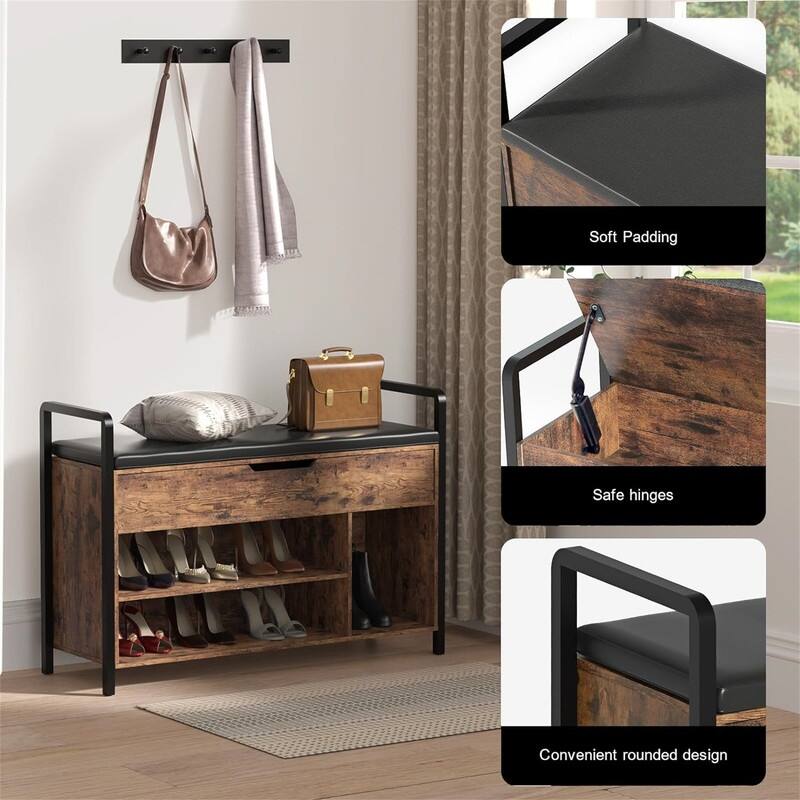 Wooden Shoe Cabinet with Cushion- Shoe Bench - 35.4"D x 11.8"W x 24.4"H