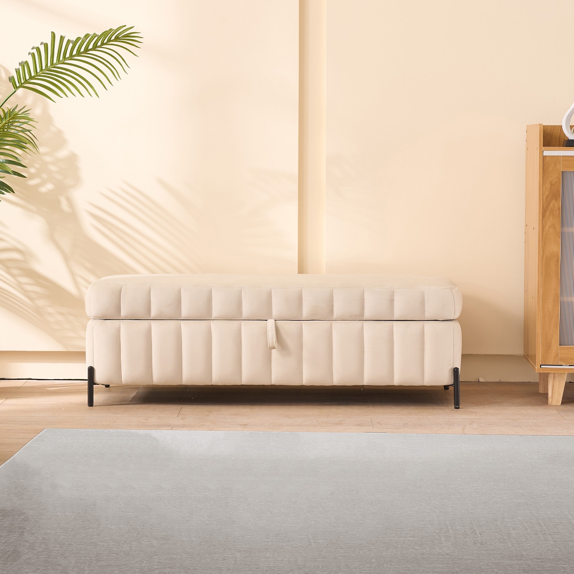 Rustic Upholstered Bench End of Bed Bench Leisure Bench, Beige Velvet Bench Ottoman Accent Bench Storage Bench