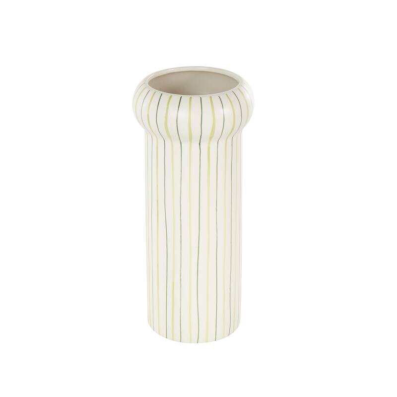 Ceramic Round Decorative Vase with Green Linear Patterns - White - Roche River Decor