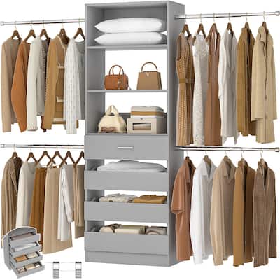 Modular Closet System Wardrobe Organizer 4 Adjustable Hanging Rods + 4 Wooden Drawers, Space-Saving for 4-9Ft Closets