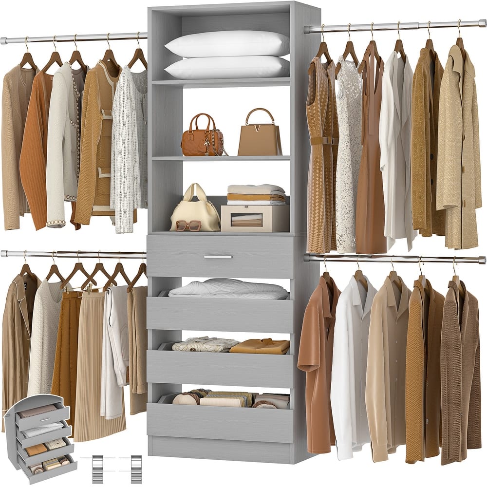 Modular Closet System Wardrobe Organizer 4 Adjustable Hanging Rods and 4 Wooden Drawers, Space-Saving for 4-9Ft Closets