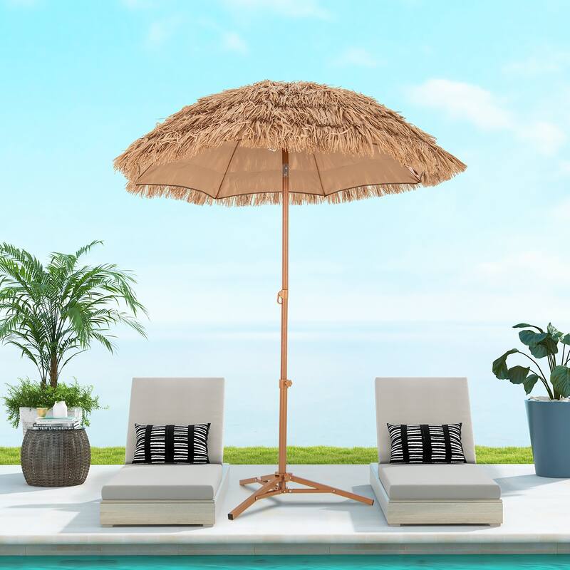 Gymax 6.5 FT Thatched Tiki Umbrella w/ Foldable Stand Hawaiian Style