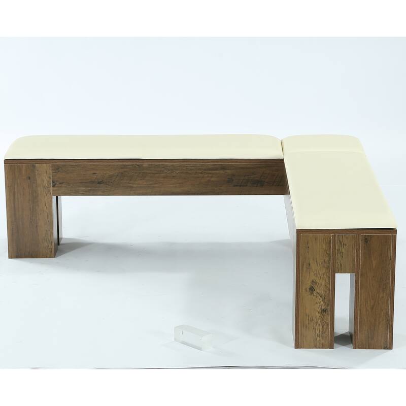 61 Inch L-Shaped Bench with Padded Seat Cushion for Entryway / Bedroom / Living Room / Kitchen Dining Room - White & Brown