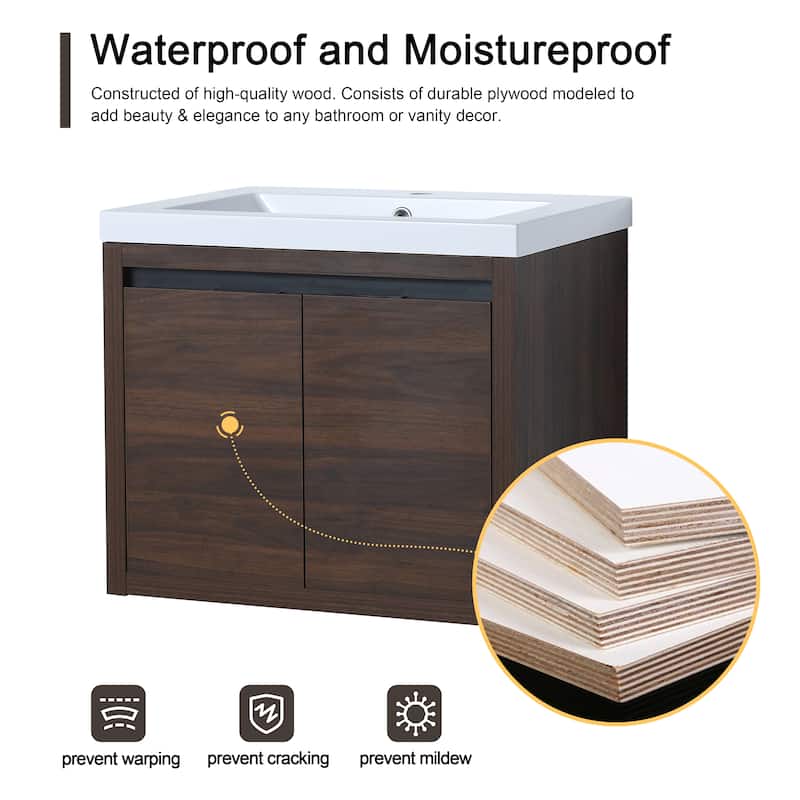 Malwee 24"/48" Floating Bathroom Vanity, Modern Wall Mounted Bathroom Vanity, Single with Resin Top and Soft Close Door