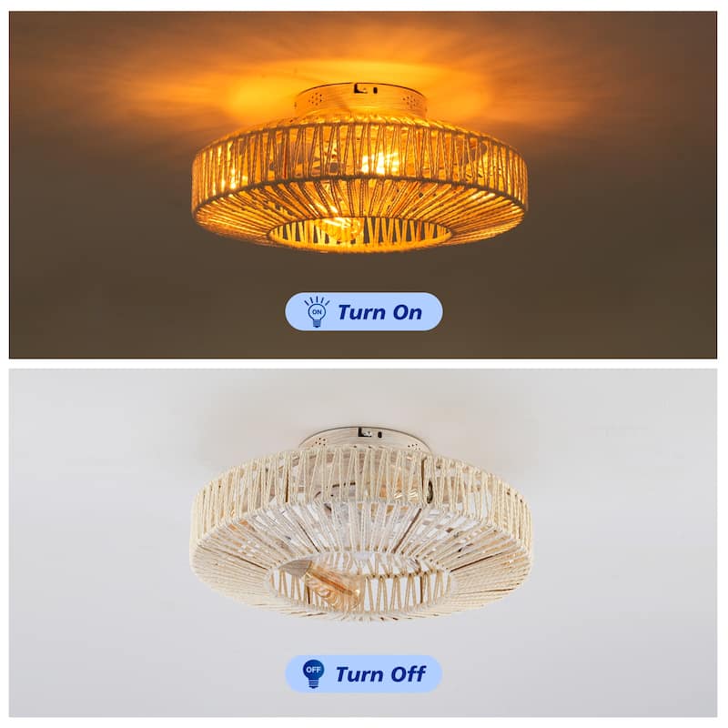 20" Rope Caged Ceiling Fans with Remote, Flush Mount Ceiling Fan with Light, Low Profile Chandelier 6 Speed DC Motor