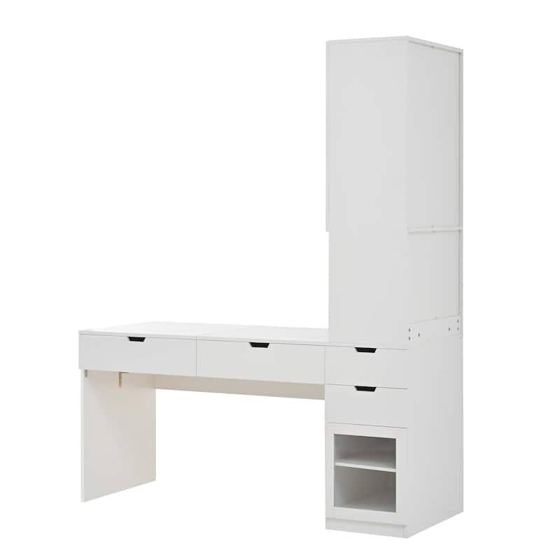 Computer Desk, Home Office Desk with 2 Drawer and Bookshelf, L Shaped Gaming Desk with Mirror and Charging Station