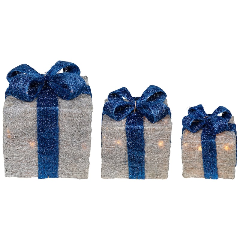Set of 3 Silver Blue Lighted Gift Boxes Outdoor Christmas Yard Decor