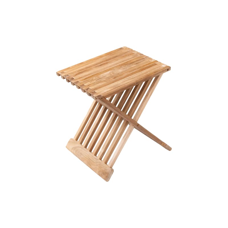 Nordic Style Natural Teak Folding Stool with Horizontal Slats - Beige