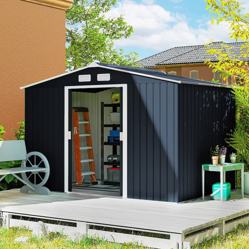Outsunny 9' x 6' Outdoor Storage Shed, Garden Tool Metal Shed with Foundation Kit, Double Lockable Door - Dark Grey