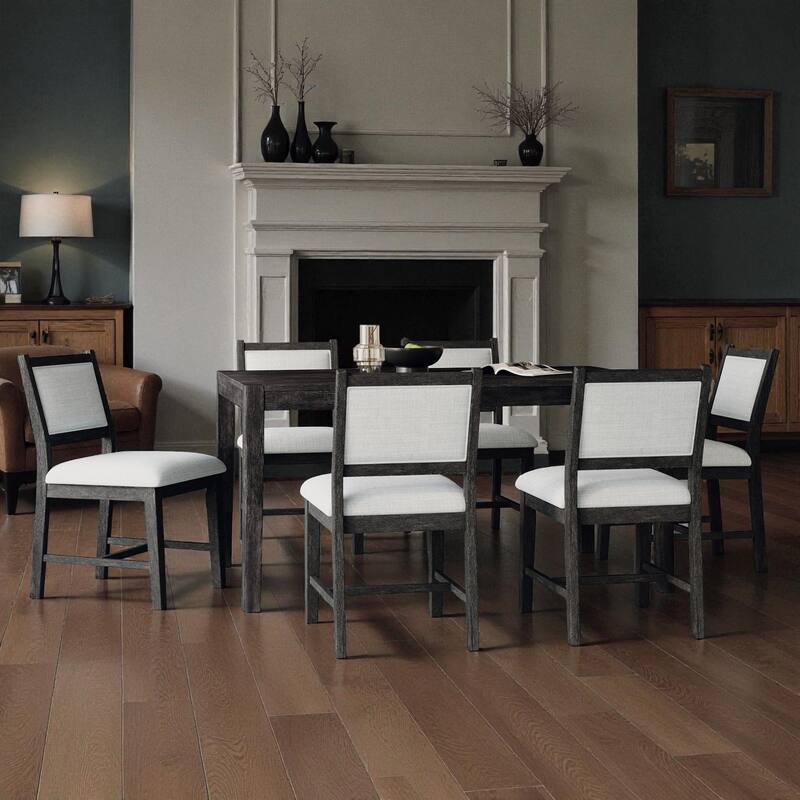 7-Piece Retro Farmhouse Dining Table Set, 59.8" Wood Rectangular Table with 6 Upholstered Chairs for Dining Room