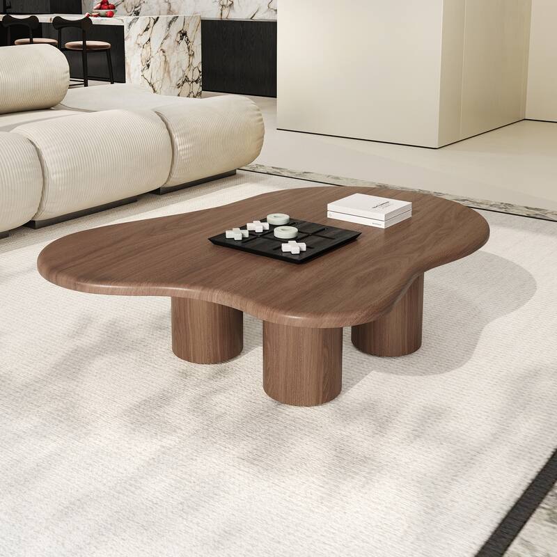 47.24" Mid Century Coffee Table, Solid Wood Texture with Could Shaped, Brown - Wood - Brown
