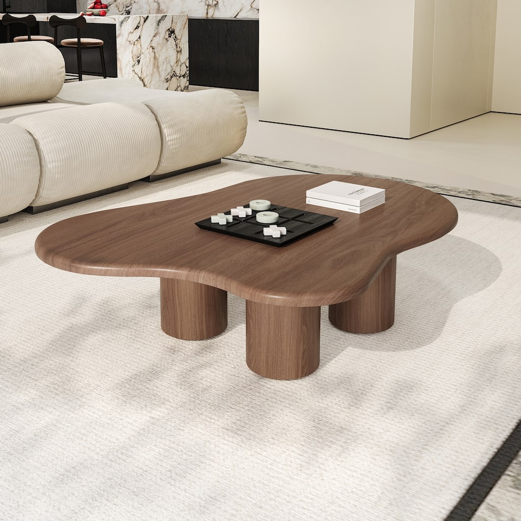47.24" Mid Century Coffee Table, Solid Wood Texture with Could Shaped, Brown