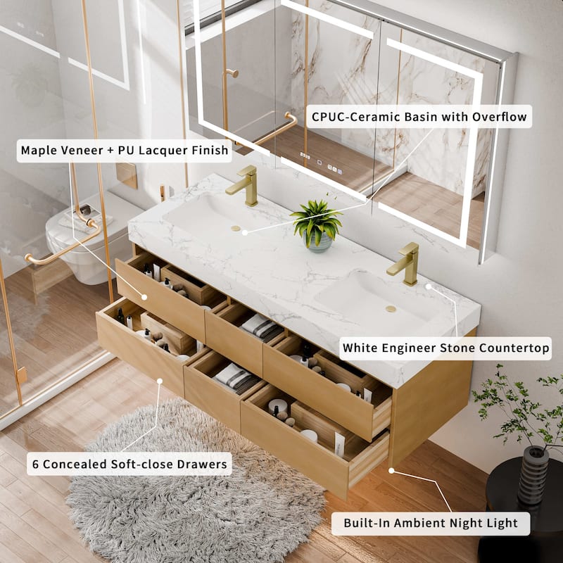 Modland 60" Floating Bathroom Vanity, Modern Maple Wood Wall Mounted Vanity with Marble Countertop,6 Soft-Close Drawers