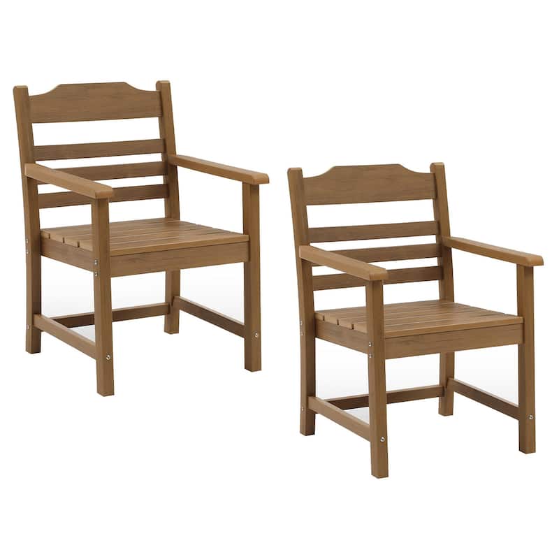 Imitation Light Teak Wood Grain Texture HIPS Outdoor Patio Dining Chair with Armrest (Set of 2)