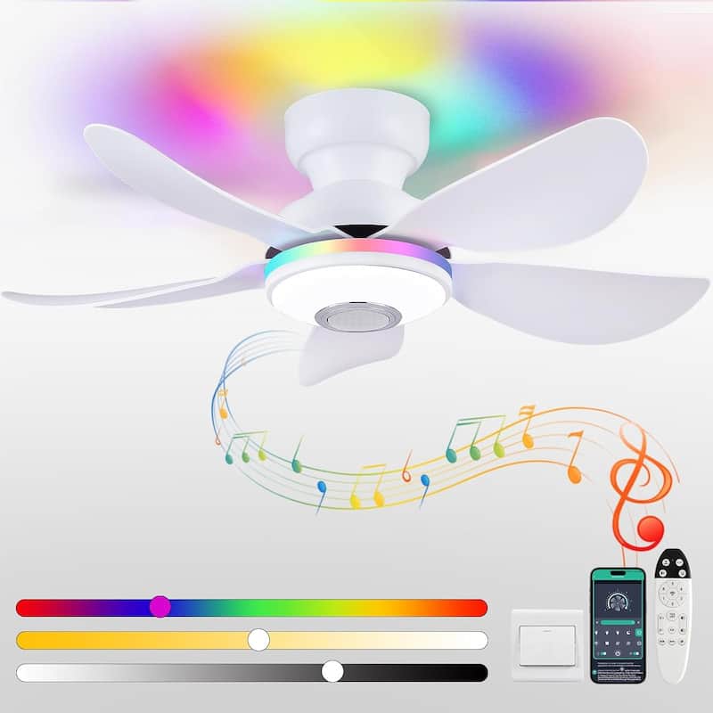 Kviflon 36/46 inches RGB Flush Mount Ceiling Fan with Light and Remote and Speaker-White - 36 Inches