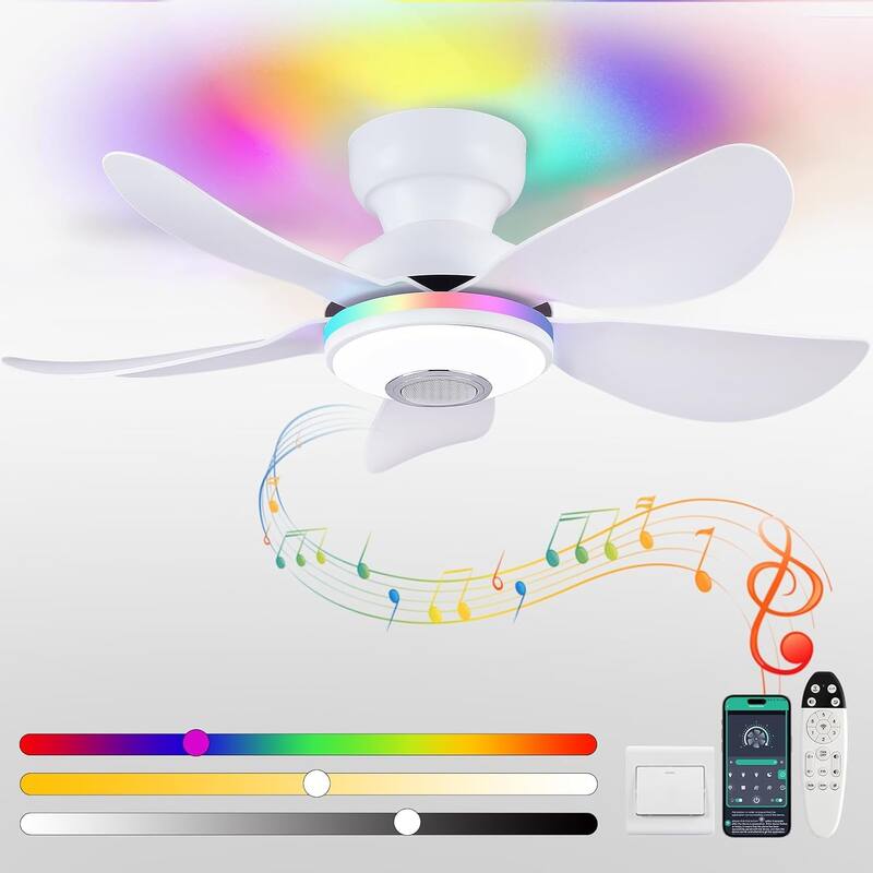 Kviflon 36/46 inches RGB Flush Mount Ceiling Fan with Light and Remote and Speaker - 36 Inches - White