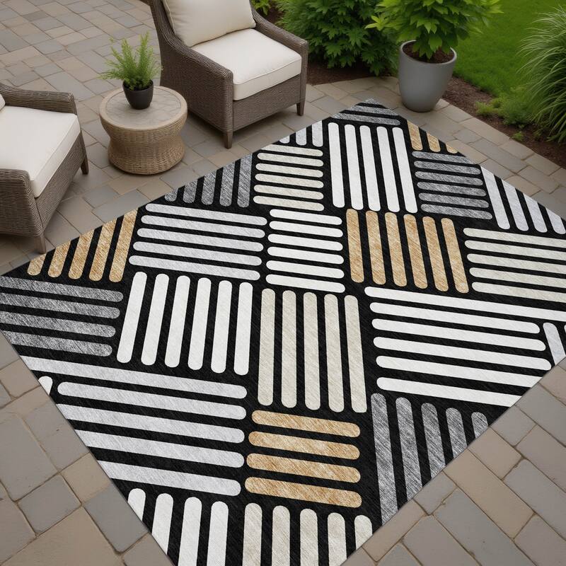Machine Washable Indoor/ Outdoor Modern Weave Chantille Rug - Black - 3' x 5'