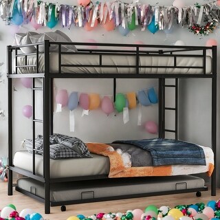 Modern Twin Over Twin Bunk Bed With Trundle,Two Ladders,Durable Metal Frame,