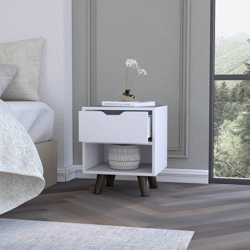 19 Inch Wood Nightstand with Storage Drawer and Open Shelf Bedside Table for Small Spaces