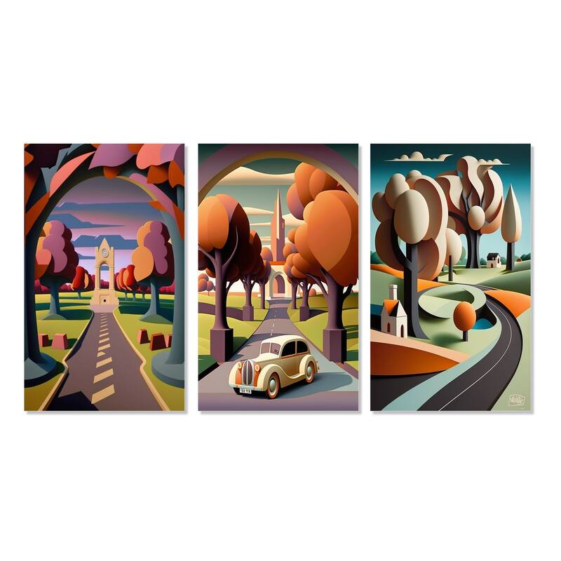 Designart "Road Through The Rustic Mountains I" Abstract Landscape Pink - Canvas Set Of 3 For Living Room Decor