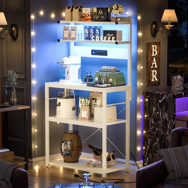Bakers Rack Kitchen Storage Shelf with Power Outlets and RGB LED Lights,5 Tiers Coffee Bar Station,Microwave Stand - White