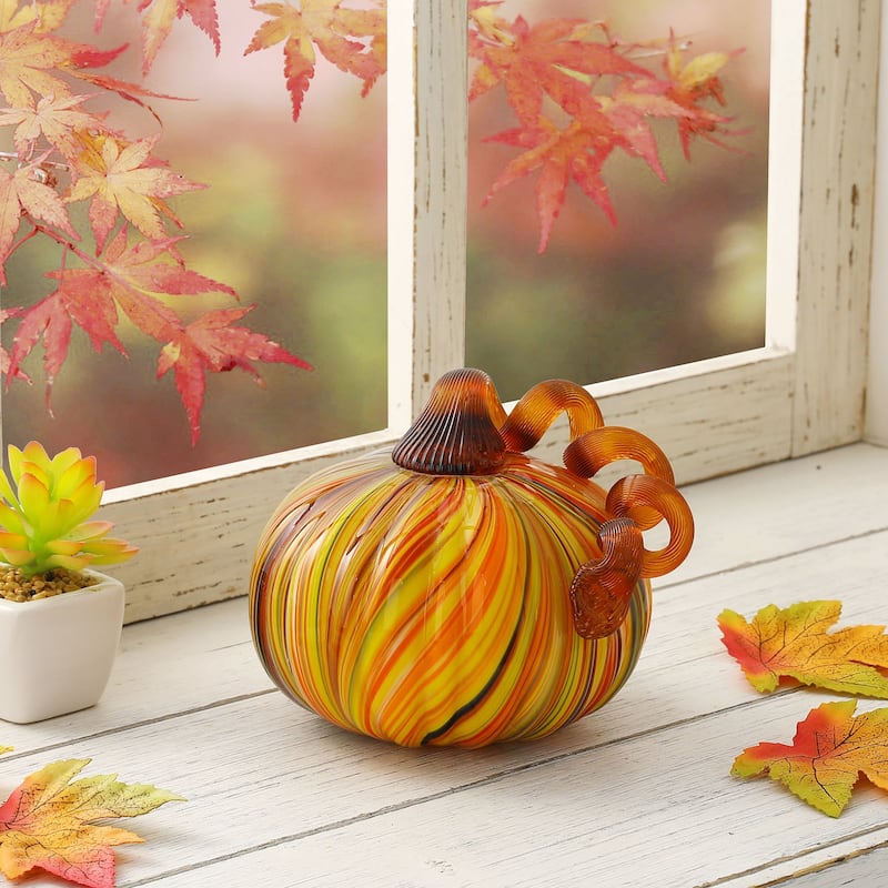 Glitzhome Multi Striped Fall Harvest Glass Pumpkins Halloween Thanksgiving Festival Decorations