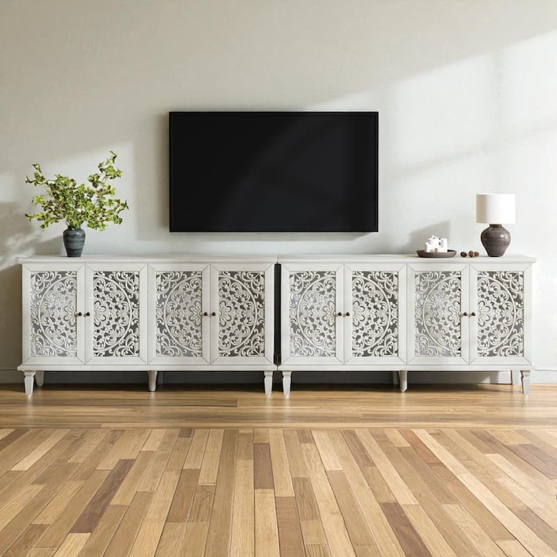 60" Antique Buffet Sideboard with Floral Carvings, Solid Wood Legs, Brass Handles & Adjustable Shelves, TV Stand up to 65"