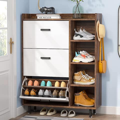 Shoe Cabinet with 3 Flip Drawers and 5 Tiers shelves Freestanding Tipping Bucket Shoe Cabinet Wooden Shoe Rack