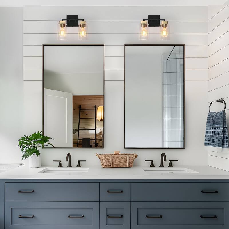 Caylin Modern 2-Light Black Gold Bathroom Vanity Light Square Glass Wall Sconces - 12"L x 5.5"W x 10"H