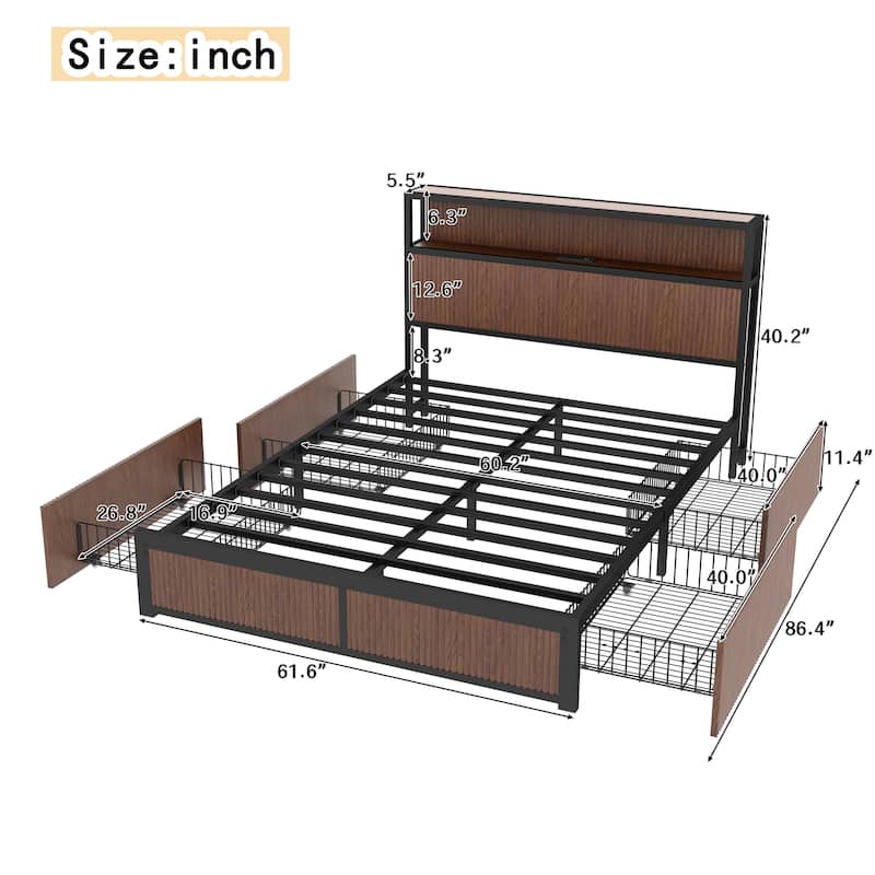 Vertical Fluted Design Low Profile Platform Bed Queen Size Storage Bed Frame with 4 Drawers, USB Ports and Storage Headboard