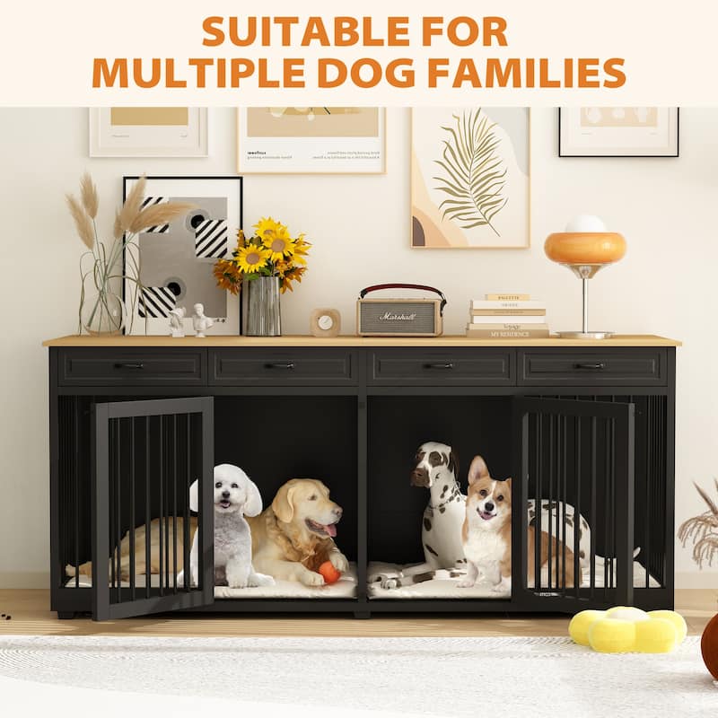 86.6"Wooden Dog Crate Kennel with 4 Drawers,Double Dog Crate Furniture