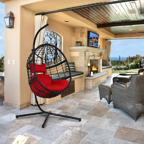 Agats Wicker Basket Swing Chair with Red Cushions by Havenside Home